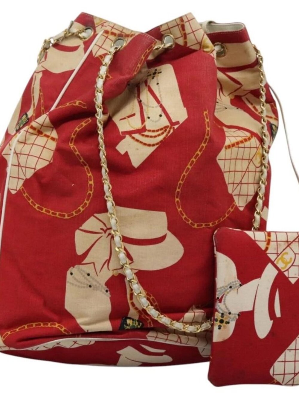 CHANEL Chain Shoulder Bag Canvas Red Gold CC Auth 114940